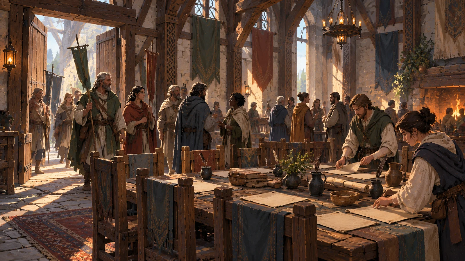 A busy painted council hall with petitioners and clerks; scene illustration.