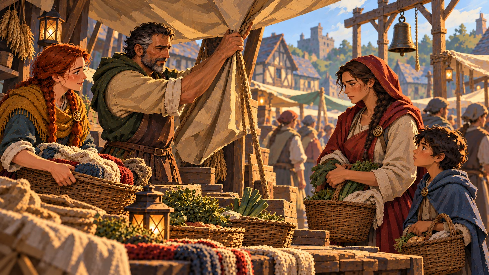 Townspeople gather among timber market stalls; an in-game situation illustration.