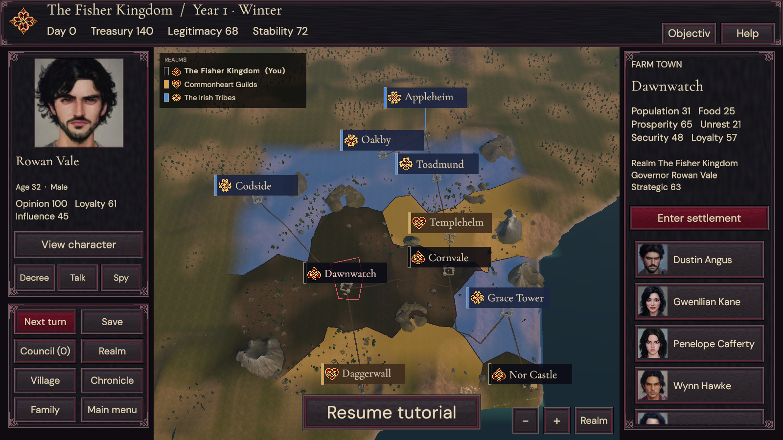Actual Royal Suit development gameplay showing the realm map, settlements and ruler interface.